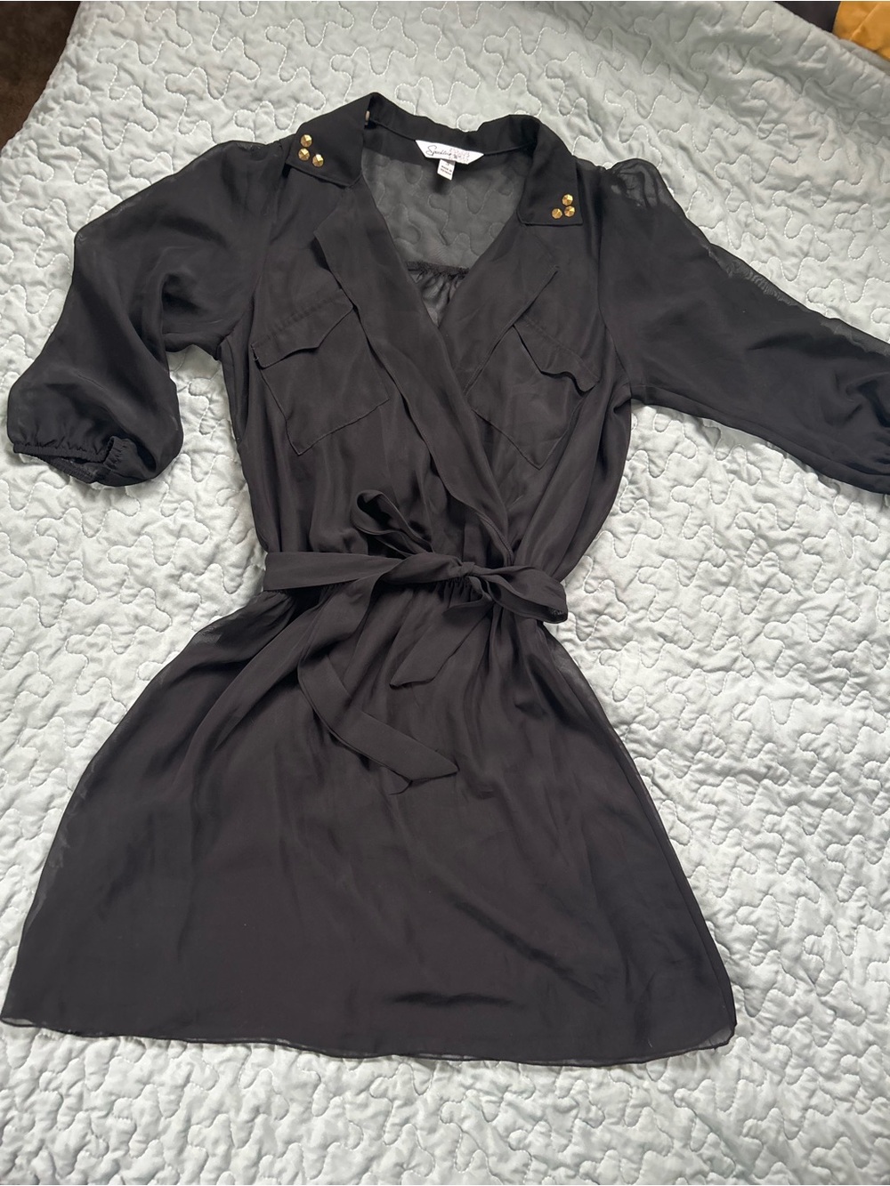 Speechless Black Sheer Wrap Mini Dress with Gold Studs